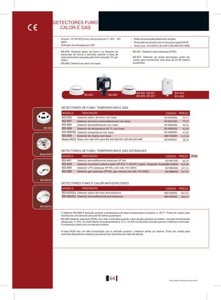 64
> Alimen.18-30VDC(fumo,temperatura)11-30V DC > Relés de activação(detectores de gás)
(gás) > Produzido de acordo com a norma europeia EÍ 54
> Indicador de activação em LED > Temp.func.-20 a 60ºC(-20 a 90ºC BS-660-661-668)
BS-655/Ex
BS-660/Ex
> BS-655, Detector óptico de fumo ( ou detector de > BS-661. Detector calor estanque (IP65).
>partículas de fumo) é activado quando a taxa de
> BS-657, Detector de dupla tecnologia, pode serobscurecimento causada pelo fumo exceder 3% por
usado para monitorizar uma área de 23-30 metrosmetro.
quadrados.> BS-660. Detector de calor com base.
BS-655
BS-686
BS-685BS-660, BS-661
BS-668, BS-657BBB BS-658
Base-6024
BS-659
BS-660
BS-655
BS-657
921655000
921657000
921660000
BS-668 921668000
IP 65
BS-661
BS-686
BS-685
921661000
921685000
921686000
BS-658 980165800
>
ï
O detector BS-668 é activado quando a tamperatura da área monitorizada é superior a 60 C. Pode ser usado para
monitorizar uma área de cerca de 50 metros quadrados.
> BS-685 detector estanque (IP65) com relé, é activado quando o teor de gás (propano e butano ) na área monitorizada
ultrapassa 5-15% do nível inferior de explosividade (L.E.L). O LED incorporado acende quando o detector é activado.
O comando é dado com um relé de contacto.
.
> A base 6024 tem um relé incorporado que é activado quando o detector emite um alarme. Pode ser usada para
controlar dispositivos (sirenes) que devem ser activados em caso de alarme.
BS-660/Ex
BS-655/Ex 980165500
980166002
MODELO DESCRIÇÃO CÓDIGO PREÇO
MODELO DESCRIÇÃO CÓDIGO PREÇO
MODELO DESCRIÇÃO CÓDIGO PREÇO
Base-6024 927600001
BS-659 980165900
BS-668/90 921668090
DETECTORES FUMO E CALOR ANTI-EXPLOSIVO
DETECTORES DE FUMO, TEMPERATURA E GÁS
DETECTORES DE FUMO, TEMPERATURA E GÁS ESTANQUES
Detector monóxido carbono estan.(IP 65),11-30VDC (capac. p/ligação dupla)
DETECTORES FUMO
CALOR E GÁS
Base com relé 24V para BS-655,BS-657,BS-660,BS-668
Detector termodiferencial anti-explosivo
Detector óptico de fumo anti-explosivo
Detector de chama com base
Detector de temperatura 60 ºC com base
Detector de fumo e termodiferencial com base
Detector termodiferencial com base
Detector óptico de fumo com base
Detector termodiferencial estanque (IP 65)
Detector LPG estanque (IP 65), com relé 10V-30DC
Detector gás estanque (IP 65), gás natural com relé 10V-30DC
Detector temperatura com base
56,13
75,15
40,50
41,00
41,00
122,50
38,70
415,60
107,35
107.35
586,20
662,50
66,20
Preços sujeitos a alteração sem aviso prévio
 