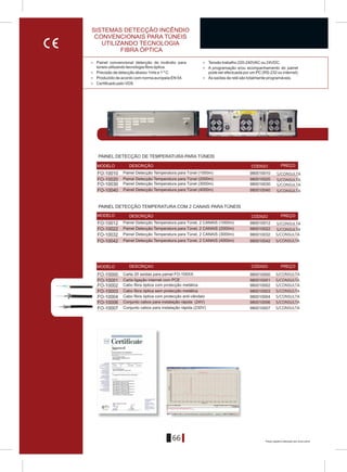 66
> Painel convencional detecção de incêndio para > Tensão trabalho 220-240VAC ou 24VDC.
túneis utilizando tecnologia fibra óptica. > A programação e/ou acompanhamento do painel
> Precisão de detecção abaixo 1mts e 1 º C. pode ser efectuada por um PC (RS-232 ou internet)
> Produzido de acordo com norma europeia EÍ 54. > As saídas de relé são totalmente programáveis.
> Certificado pelo VDS
FO-10020
FO-10010
FO-10030
FO-10040
980010010
980010020
980010030
980010040
FO-10022
FO-10012
FO-10032
FO-10042
980010012
980010022
980010032
980010042
FO-10001
FO-10000
FO-10002
FO-10004
FO-10007
FO-10003
FO-10006
980010000
980010001
980010002
980010003
980010004
980010006
980010007
MODELO DESCRIÇÃO CÓDIGO PREÇO
MODELO DESCRIÇÃO CÓDIGO PREÇO
MODELO DESCRIÇAO CÓDIGO PREÇO
PAINEL DETECÇÃO DE TEMPERATURA PARA TÚNEIS
Painel Detecção Temperatura para Túnel (1000m)
Painel Detecção Temperatura para Túnel (3000m)
Painel Detecção Temperatura para Túnel (4000m)
PAINEL DETECÇÃO TEMPERATURA COM 2 CANAIS PARA TÚNEIS
Painel Detecção Temperatura para Túnel, 2 CANAIS (2000m)
Painel Detecção Temperatura para Túnel, 2 CANAIS (1000m)
Painel Detecção Temperatura para Túnel, 2 CANAIS (3000m)
Painel Detecção Temperatura para Túnel, 2 CANAIS (4000m)
Carta ligação internet com PCE
Carta 20 saídas para painel FO-100XX
Cabo fibra óptica com protecção metálica
Cabo fibra óptica com protecção anti-vândalo
Conjunto cabos para instalação rápida (230V)
Cabo fibra óptica sem protecção metálica
Conjunto cabos para instalação rápida (24V)
SISTEMAS DETECÇÃO INCÊNDIO
CONVENCIONAIS PARA TÚNEIS
UTILIZANDO TECNOLOGIA
FIBRA ÓPTICA
Painel Detecção Temperatura para Túnel (2000m)
S/CONSULTA
S/CONSULTA
S/CONSULTA
S/CONSULTA
S/CONSULTA
S/CONSULTA
S/CONSULTA
S/CONSULTA
S/CONSULTA
S/CONSULTA
S/CONSULTA
S/CONSULTA
S/CONSULTA
S/CONSULTA
S/CONSULTA
Preços sujeitos a alteração sem aviso prévio
 