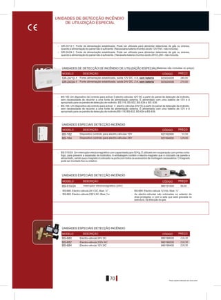 70
DESCRIÇÃO CÓDIGO PREÇOMODELO
> GR-24/12-1. Fonte de alimentação estabilizada. Pode ser utilizada para alimentar detectores de gás ou sirenes,
quando a alimentação do painel não é suficiente. (Necessária bateria chumbo-ácido 12V/7Ah - não incluída) .
> GR-24/24-1. Fonte de alimentação estabilizada. Pode ser utilizada para alimentar detectores de gás ou sirenes,
quando a alimentação do painel não é suficiente. ( Necessita bateria chumbo-ácido 24V/2,2Ah - não incluída.
UNIDADES DE DETECÇÃO DE INCÊNDIO DE UTILIZAÇÃO ESPECIAL
GR-24/12-1
GR-24/24-1
923024005
923024006
> BS-162.Um dispositivo de controlo para activar 2 electro-válvulas 12V DC a partir do painel de detecção de incêndio,
sem necessidade de recorrer a uma fonte de alimentação externa. É alimentado com uma bateria de 12V e é
apropriado para os painéis de detecção de incêndio BS-116, BS-632, BS-634 e BS -636.
> BS-164. Um dispositivo de controlo para activar 4 electro-válvulas 24V DC a partir do painel de detecção de incêndio,
sem necessidade de recorrer a uma fonte de alimentação externa. É alimentada com uma bateria de 12V e é
apropriado para os painéis de detecção de incêndio BS-116, BS-632, BS-634 e BS-636.
BS-162
BS-164
921162000
921164000
> BS-510/24. Um interruptor electromagnético com capacidade para 50 Kg. É utilizado em cooperação com portas corta-
fogo, para prevenir a expansão de incêndios. A embalagem contém o electro-magneto que é colocado na parede e
alimentado, sendo que o magneto é colocado na porta com todos os acessórios de montagem necessários. O magneto
pode ser montado fixo ou rotativo.
BS-510/24 980151000
> >BS-680. Electro-válvula 24 V DC, 6bar, ½" . BS-684. Electro-válcula 12 Vdc, 6bar, ½" .
> BS-682. Electro-válvula 230 VAC, 6bar, ½» > As electro-válvulas são colocadas no exterior da
área protegida, e com a seta que está gravada na
estrutura, na direcção do gás.
BS-682
BS-684
BS-680 980168000
980168200
980168400
DESCRIÇÃO CÓDIGO PREÇOMODELO
DESCRIÇÃO CÓDIGO PREÇOMODELO
DESCRIÇÃO CÓDIGO PREÇOMODELO
(Baterias não incluidas no preço)
Fonte alimentação estabilizada, saída 12V DC, 4 Á, sem bateria
Fonte alimentação estabilizada, saída 24V DC, 2 Á, sem bateria
Interruptor electromagnético (24V)
UNIDADES DE DETECÇÃO INCÊNDIO
DE UTILIZAÇÃO ESPECIAL
Dispositivo controlo para electro-válvulas 24V
Dispositivo controlo para electro-válvulas 12V
Electro-válvula 24V DC
Electro-válvula 230V AC
Electro-válvula 12V DC
UNIDADES ESPECIAIS DETECÇÃO INCÊNDIO
UNIDADES ESPECIAIS DETECÇÃO INCÊNDIO
UNIDADES ESPECIAIS DETECÇÃO INCÊNDIO
280,00
270,00
55,50
129,00
86,00
218,30
218,30
218,30
Preços sujeitos a alteração sem aviso prévio
 