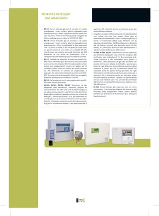 72
> BS-344. Painel detecção gás com 4 entradas e 5 saídas superior a 29) o detector deverá ser colocado abaixo dos
programáveis ( reles contacto aberto) adequados para pontosdefugaprováveis.
detectores de gás 4-20mA. Ligação ao painel 4-20mA com > Aligaçãocomopaineléfeitautilizandoumcaboblindado(
cabo2ou3fios.Fontedealimentação16VAcarregadorde com malha) com dois fios, através deste cabo os
bateria,podeagruparumabateria12V/7Ah(A-986). detectores são alimentados e é feita a comunicação com o
> BS-370. Painel detecção gás 16 entradas e 16 saídas painel. É fundamental utilizar cabo blindado com as
programáveis ( reles contacto aberto) adequados para seguintes características: 2x0,50mm2 para uma distância
detectores gás 4-20mA. Possibilidade de ligar detectores até 100 metros, 2x1mm2 para distâncias entre 100-200
com 2 ou 3 fios ao painel. O BS-370 pode ser usado como metros, 2x1,5mm2 para distâncias entre 200-500metros e
um painel central de uma rede com unidades BS-375, 2x2,5mm2paradistânciasaté1000metros.
criando assim um sistema que pode funcionar até 200 > BS-390, BS-391, BS-393. Os detectores gás anti-explosivos
detectores de gás. Fonte de alimentação 11VA e são detectores adequados para ambientes perigosos. São
carregadordebateriapodeagruparumabateria12V/7Ah. certificados pata ambientes IIC T6. Têm uma saída de 4-
> BS-375. Unidade de expansão da rede para painéis BS- 20mA analógica e são adequados para painéis e
370. Possui 8 entradas para detectores e slots que podem periféricos. Estes detectores de gás são montados em
aceitar um ou dois módulos BS-376 (cada módulo contém posição vertical, com o bocal de detecção a apontar para
quatro reles programáveis). Podem ser ligadas até 23 baixo. Se o gás detectado for considerado leve (o seu peso
unidades criando assim um sistema que pode funcionar molecular é menor que 29) os detectores devem ser
até 200 detectores. O controlo de programação, e colocados acima dos pontos de fuga prováveis. Se o gás
indicação são todos feitos utilizando o painel central BS- detectadoforconsideradopesado(oseupesomolecularé
370.Temuma fontede alimentação 16VA eum carregador superior a 29) os detectores devem ser colocados abaixo
debateria,podeagruparumabateria12V/7Ah. dospontosdefugaprováveis.aligaçãocomopaineléfeita
com um cabo blindado com 3 fios. um cabo 3x1,5mm2 até> BS-376.Cartaexpansãocom4relesprogramáveisparaBS-
300metroseumcabo3x2,5mm2paraumadistânciaentre375.Podeinstalaraté2cartas.
300-600metros.> BS-380, BS-381, BS-382, BS-383. Detectores de gás
> BS-316. Painel detecção gás expansível com um microadequados pata laboratórios, industrias, parques de
processador, 16 entradas para ligação de detectores gásestacionamento, etc. Têm uma saída 4-20mA analógica e
40-20mA, saídas programáveis ( reles contacto aberto)são adequados para painéis e periféricos. Estes detectores
trabalha com detectores de 4-20mA com 2 ou 3 fios parade gás são montados em posição vertical com o bocal de
ligaçãoaopainel.detecção a aponta para baixo. Se o gás detectado for
considerado leve (o seu peso molecular é menor que 29) o
detector é colocado acima dos pontos de fuga prováveis.
Se o gás for considerado pesado ( o seu peso molecular é
SISTEMAS DETECÇÃO
GÁS ANALÓGICO
 