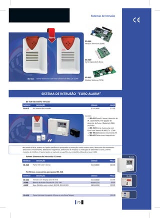 Sistemas de Intrusão
BS-419 921419000 311.00
BS-418 921418000 230.00
BS-428
A-986
BS-458
Á-632
921428000 132.00
603001270 39.00
231.00
980163200 130.00
MODELO
MODELO
MODELO
DESCRIÇÃO
DESCRIÇÃO
DESCRIÇÃO
CÓDIGO
CÓDIGO
CÓDIGO
PREÇO
PREÇO
PREÇO
>No painel BS-418, podem ser ligados periféricos apropriados a protecção contra roubos como, detectores de movimento,
detectores infravermelho, detectores magnéticos, detectores de impacto ou indicação de advertência como, sirenes
modulos de telefone. O painel pode ser aplicado a superfície ou embutido utilizando a base A-632
SISTEMA DE INTRUSÃO “EURO ALARM”
BS-465
BS-464
BS
BBBS
BS-469
BS-413
75
BS-418
BS-428
Módulo Telemóvel (GSM)
Módulo Telefone (PSTN)
Carta Expansão 8 Zonas
Sirene Autonuma com Farol e Bateria Á-989, 12V 1.3Ah
Contém:
- 1 BS-418 Painel 6 zonas, detector de
IR, capacidade para ligação de
detector de fumo ( Bateria A-986)
incluída)
- 1 BS-413 Sirene Autonuma com
Farol com bateria Á-989 12V 1.3Ah
- 2 BS-405 Detectores movimento IR.
- 2 BS-429 Detectores magnéticos.
Kit Sistema de Intrusão
BS-419 Kit Sistema Intrusão
Painel Sistema de Intrusão 6 Zonas
Periféricos e acessórios para painel BS-418
Painel Intrusão 6 Zonas
Teclado com Display para BS-418
Bateria de Acido-Chunbo Pb 12V/ 7Ah
Painel Intrusao Compacto 4 Zonas e uma Zona Tamper
Base Metálica para embutir BS-418, BS-632/4/6
 