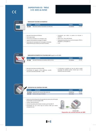 80
MODELO
MODELO
MODELO
DESCRIÇÃO
DESCRIÇÃO
DESCRIÇÃO
CÓDIGO
CÓDIGO
CÓDIGO
PREÇO
PREÇO
PREÇO
Wi-DAC2 SMS
BS-489 921489000 170.00
M
BS-488 921488000 425.00
Wi-DAC2 926000100 655.00
ÁÍ-100 980110001 62.00
Wi-DAC2
BS-488
BS-489
> MarcadorAutomáticodeTelefone. > Compatível com todos os painéis de intrusão e
incêndio.> Fácilprogramação.
> Built-inmicr foneealto-falante.> 10memoriasdetelefonecom20dígitoscada.
> Produzidodeacordocomasnormaseuropeias:TBR-21,> Ligaçãoalinhatelefónicaanalógicaoudigital.
EN61000-3-2,EN61000-3-3> Capacidade de reprodução de 2 mensagens, 2 Entradas
> IP-20independentespara(SistemaIntrusãoeIncêndio)
> MarcadorAutomáticodetelefoneGSM. > A notificação é imediata em caso de alarme usando
tecnologia de telefone celular, mesmo que a linha> Possibilidade de ligação a linha telefonica, usando
telefónicasejainterrompida.marcadorautomático(BS-489)-e GSM.
> Dados de controle dispositivo de aquisição do sistema de confirmação
daoperaçãoeusodemensagensSMS
> 4Saídas (Relé5A/250VAC)
> Caixade4posiçõespadronizadasmontadoapartirdeABS,PS.
> Possibilidade de usar vários tipos de antenas GSM para melhor
recepçãodosinal.
Marcador telefone Automático (10-30V DC)
Dispositivo de controle SMS (230V AC)
Antena 2,5m para Wi-DAC2
Marcador Automático de telefone GSM (12V DC)
MARCADOR TELEFONE AUTOMÁTICO
DISPOSITIVOS CO TROLE
U ID ADES de AVISO
MARCADOR AUTOMÁTICO DE TELEFONE GSM (Ligação com BS-489).
Dispositivo de controle através de SMS
DISPOSITIVO DE CONTROLE POR SMS
 