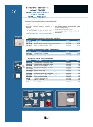 82
921115600 1325.00BSR-1156/N
BSR-1157/N
BSR-1114/N
921115700 550.00
921111400 317.00
921707001 126.20BSR-7070/Á
921609000 122.00BSR-6090/N
921609400 29.00
921609600 34.00
921609800 29.00
921531000 45.00
603001270 39.00
927115600 65.00
921607200 25.00
921607400 43.00
921609100 106.00
921609200 31.00
921609201 31.00
921609300 98.00
921607000 13.00
BSR-6094/N
BSR-6096/N
BSR-6098/N
BS-531
A-986
A-1156
BSR-6091/N
BSR-6072/N
BSR-6074/N
BSR-6092/N/R
BSR-6092/N/G
BSR-6093/N
BSR-6070/N
BSR-1114/N
MODELO
MODELO
MODELO
DESCRIÇÃO
DESCRIÇÃO
DESCRIÇÃO
CODIGO
CODIGO
CODIGO
PREÇO
PREÇO
PREÇO
BSR-7070/Á
BSR-6070/N
BSR-6096/N
BSR-6094/N
BSR-6092/N/R
BSR-6092/N/G
BS-531
BSR-1156/N
BSR-6098/N
BSR-6072/N
BSR-6091/N
BSR-6090/NBSR-6074/N
BSR-6094/N
> Até 128 unidades atendimento, 16 unidades de cabocom2fios.
cancelamento e capacidade de ligação de 16 unidades de > Dados completos de registro de chamadas (hora, data de
isolamento. cadachamada,independente)
> Indicaçãodigitalelocalizaçãodopontodechamada > Maufuncionamentodosistemadealerta.
> Cada dispositivo ligado ao painel tem o seu própio > CapacidadedeprogramaçãocompletaatravésdeumPC.
endereçoe16caracteresparadefinironomedoutilizador. > MenuemInglês
> Ligaçãoentreosdispositivos,(comunicaçãoealimentação)
O sistema «ENDEREÇÁVEIS MÉDICOS» chamada de sistema é a nova proposta confiável da Olympia Electronics para hospitais,
laresdeIdosos,atendimentomédicogeral,comasseguintescapacidades.
ENDEREÇAVÉIS PESSOAL MÉDICO
CHAMADA SISTEMA
“CHAMADA INFERMEIRA”
DISPOSITOVOS DE CONTROLE
UNIDADES DE AVISO
Painel Chamada nfermeira nderecavel
PERIFÉRICOS ENDEREÇÁVEIS « CHAMADA DE ENFERMEIRA»
Repetidor chamada Enfermeira Endereçável painel para painel
PAINEL CHAMADA ENDEREÇAVEL E DISPOSITIVOS PERIFÉRICOS
PERIFÉRICOS «SISTEMA CHAMADA INFERMEIRA»
Unidade Chamada Endereçável
Unidade Chamada Cancelamento - Embutir
Unidade Chamada Cancelamento - Saliente
Unidade Multi-Chamada para BSR-6090/N
Botão de Pressão com 2 Metros de Cabo
Indicador com Led Vermelho
Indicador com Led Verde
Botão Pressão Chamada- 2 Metros Cabo com Indicador L D
Encaixe para botão chamada
Sirene com Farol 24V DC IP 42
Bateria Pb 12V/ 7Ah
Isolador de linha Endereçável
Software e Cabo USB
Botão Pressão Chamada com Cabo 2 Metros
Milti-Chamada e reconhece unidade BSR-6090/N
Display remoto para painel BSR-1156/N
 