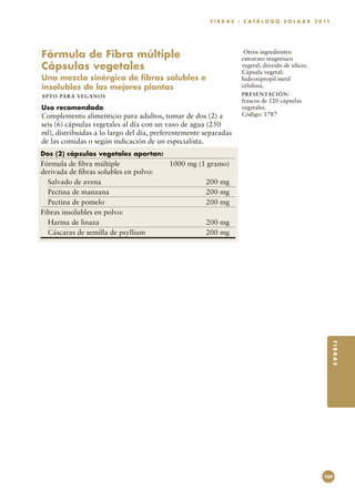F I B R A S : C A T Á L O G O S O L G A R 2 0 11




Fórmula de Fibra múltiple                                           Otros ingredientes:
                                                                   estearato magnésico
Cápsulas vegetales                                                 vegetal, dióxido de silicio.
                                                                   Cápsula vegetal:
Una mezcla sinérgica de fibras solubles e                          hidroxipropil metil
insolubles de las mejores plantas                                  celulosa.
A P TO PA R A V E GA NOS                                           PR E S E N TAC I ÓN :
                                                                   frascos de 120 cápsulas
Uso recomendado                                                    vegetales.
Complemento alimenticio para adultos, tomar de dos (2) a           Código: 1787
seis (6) cápsulas vegetales al día con un vaso de agua (250
ml), distribuidas a lo largo del día, preferentemente separadas
de las comidas o según indicación de un especialista.
Dos (2) cápsulas vegetales aportan:
Fórmula de fibra múltiple	                1000 mg (1 gramo)
derivada de fibras solubles en polvo:
  Salvado de avena	                                   200 mg
  Pectina de manzana	                                 200 mg
  Pectina de pomelo	                                  200 mg
Fibras insolubles en polvo:
  Harina de linaza	                                   200 mg
  Cáscaras de semilla de psyllium	                    200 mg




                                                                                                          FIBRAS




                                                                                                    109
 