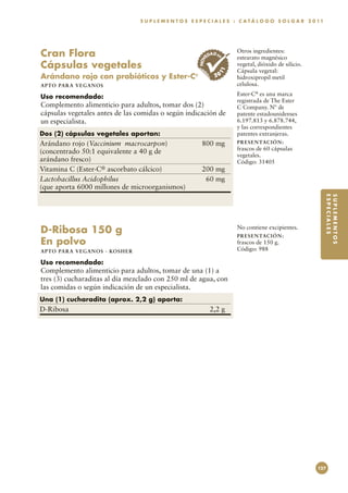 S U P L E M E N T O S E S P E C I A L E S : C A T Á L O G O S O L G A R 2 0 11




Cran Flora                                                         ED
                                                                      AD EN
                                                                               Otros ingredientes:
                                                                               estearato magnésico




                                                              NOV
Cápsulas vegetales                                                             vegetal, dióxido de silicio.
                                                                               Cápsula vegetal:




                                                                         11
Arándano rojo con probióticos y Ester-C®                                20     hidroxipropil metil
A P TO PA R A V E GA NOS                                                       celulosa.

Uso recomendado:                                                               Ester-C® es una marca
                                                                               registrada de The Ester
Complemento alimenticio para adultos, tomar dos (2)                            C Company. Nº de
cápsulas vegetales antes de las comidas o según indicación de                  patente estadounidenses
un especialista.                                                               6.197.813 y 6.878.744,
                                                                               y las correspondientes
Dos (2) cápsulas vegetales aportan:                                            patentes extranjeras.
Arándano rojo (Vaccinium macrocarpon)	                          800 mg         PR E S E N TAC I ÓN :
                                                                               frascos de 60 cápsulas
(concentrado 50:1 equivalente a 40 g de
                                                                               vegetales.
arándano fresco)                                                               Código: 31405
Vitamina C (Ester-C® ascorbato cálcico)	                        200 mg
Lactobacillus Acidophilus	                                       60 mg
(que aporta 6000 millones de microorganismos)




                                                                                                                       ESPECIALES
                                                                                                                       SUPLEMENTOS
D-Ribosa 150 g                                                                 No contiene excipientes.
                                                                               PR E S E N TAC I ÓN :
En polvo                                                                       frascos de 150 g.
A P TO PA R A V E GA NOS · KO SH ER                                            Código: 988

Uso recomendado:
Complemento alimenticio para adultos, tomar de una (1) a
tres (3) cucharaditas al día mezclado con 250 ml de agua, con
las comidas o según indicación de un especialista.
Una (1) cucharadita (aprox. 2,2 g) aporta:
D-Ribosa	                                                            2,2 g




                                                                                                                 127
 