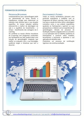 27


FORMATOS DE ENTREGA

   PRESENCIAL/B-LEARNING                                    FACILITADORES/ E-TUTORES
   Compreendemos que a aprendizagem pode                    Todos os nossos facilitadores possuem uma
   ser administrada de várias formas e                      profunda experiência a trabalhar com os
   trabalhamos consigo para determinar os                   Programas da Wilson Learning. Cada um deles
   métodos mais eficazes para a sua situação                traz para a sessão de treino tanto a abordagem
   específica. As nossas soluções práticas                  consultiva como a sua própria experiência,
   oferecem-lhe o melhor da abordagem de                    ajudando os Participantes a gerirem as suas
   sala e o equilíbrio do investimento – e                  perspectivas e a lidarem com as experiências de
   tempo – beneficiando das vantagens do E-                 aprendizagem. Através do processo de
   Learning.                                                facilitação, fazemos a ligação entre os conceitos
   Ao combinar as nossas ofertas inovadoras                 e a sua aplicação real no trabalho; ajudamos os
   de E-Learning com programas conduzidos                   Participantes a construir sobre modelos,
   por facilitadores em sala, poderá obter uma              ferramentas e processos e apoiamos a sua
   solução de aprendizagem integrada que                    aplicação em desafios reais.
   melhor se enquadre com a sua estratégia,                 Praticamos um processo de certificação
   audiência target e iniciativas que tem a                 rigoroso e de contínua avaliação.
   decorrer.




                                                                   31%

                                                             23%
                                          17%         15%
                                    14%         13%




         www.wilsonlearning.com.pt 214 400 410 932 945766 info@wilsonlearning.com.pt
 