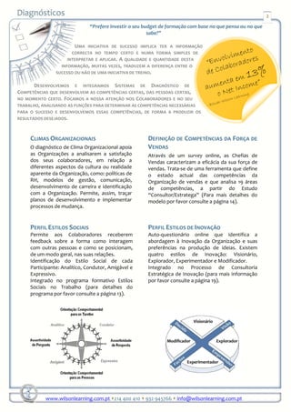 2
                               “Prefere investir o seu budget de formação com base no que pensa ou no que
                                                         sabe?”

                        UMA INICIATIVA DE SUCESSO IMPLICA TER A INFORMAÇÃO
                       CORRECTA NO TEMPO CERTO E NUMA FORMA SIMPLES DE
                     INTERPRETAR E APLICAR. A QUALIDADE E QUANTIDADE DESTA
                  INFORMAÇÃO, MUITAS VEZES, TRADUZEM A DIFERENÇA ENTRE O
                SUCESSO OU NÃO DE UMA INICIATIVA DE TREINO.

       DESENVOLVEMOS E INTEGRAMOS SISTEMAS DE DIAGNÓSTICO DE
COMPETÊNCIAS QUE DESENVOLVEM AS COMPETÊNCIAS CERTAS, DAS PESSOAS CERTAS,
NO MOMENTO CERTO. FOCAMOS A NOSSA ATENÇÃO NOS COLABORADORES E NO SEU
TRABALHO, ANALISANDO AS FUNÇÕES PARA DETERMINAR AS COMPETÊNCIAS NECESSÁRIAS
PARA O SUCESSO E DESENVOLVEMOS ESSAS COMPETÊNCIAS, DE FORMA A PRODUZIR OS
RESULTADOS DESEJADOS.



     CLIMAS ORGANIZACIONAIS                             DEFINIÇÃO DE COMPETÊNCIAS DA FORÇA DE
     O diagnóstico de Clima Organizacional apoia        VENDAS
     as Organizações a analisarem a satisfação          Através de um survey online, as Chefias de
     dos seus colaboradores, em relação a               Vendas caracterizam a eficácia da sua força de
     diferentes aspectos da cultura ou realidade        vendas. Trata-se de uma ferramenta que define
     aparente da Organização, como: políticas de        o estado actual das competências da
     RH, modelos de gestão, comunicação,                Organização de vendas e que analisa 19 áreas
     desenvolvimento de carreira e identificação        de competências, a partir do Estudo
     com a Organização. Permite, assim, traçar          “Consultor/Estratega” (Para mais detalhes do
     planos de desenvolvimento e implementar            modelo por favor consulte a página 14).
     processos de mudança.


     PERFIL ESTILOS SOCIAIS                             PERFIL ESTILOS DE INOVAÇÃO
     Permite aos Colaboradores receberem                Auto-questionário online que identifica a
     feedback sobre a forma como interagem              abordagem à Inovação da Organização e suas
     com outras pessoas e como se posicionam,           preferências na produção de ideias. Existem
     de um modo geral, nas suas relações.               quatro estilos de Inovação: Visionário,
     Identificação do Estilo Social de cada             Explorador, Experimentador e Modificador.
     Participante: Analítico, Condutor, Amigável e      Integrado no Processo de Consultoria
     Expressivo.                                        Estratégica de Inovação (para mais informação
     Integrado no programa formativo Estilos            por favor consulte a página 19).
     Sociais no Trabalho (para detalhes do
     programa por favor consulte a página 13).




           www.wilsonlearning.com.pt 214 400 410 932 945766 info@wilsonlearning.com.pt
 