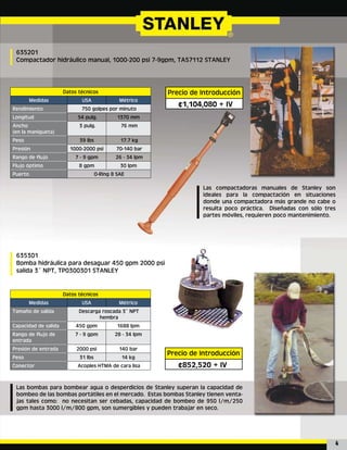 Datos técnicos
Medidas USA Métrico
Capacidad
1.1/4 x 6
pulg.
1.1/4” x 15.2
hex.
Peso 83 lbs 37.7 kg
Largo 29 pulg. 73.5 cm
Ancho
(en la manigueta)
16 pulg. 40 cm
Presión
1500 - 2000
psi
105 - 140 bar
Rango de flujo 7 - 9 gpm 26 - 34 lpm
Flujo óptimo 8 gpm 30 lpm
Puerto 8 SAE O-Ring 8 SAE O-Ring
Manguera flexible sí
Tamaño y tipo de
conexión
3/8” cañería macho
Datos técnicos
Medidas USA Métrico
Diámetro del disco 14 pulg. 356 mm
Diámetro del eje 1 pulg. 25.4 mm
Rango de flujo de
entrada
7 - 9 gpm 26 - 34 lpm
Presión de entrada 1500 - 2000
psi
105 - 140 bar
Flujo óptimo 8 gpm 30 lpm
Peso 20 lbs 9.1 kg
Largo 21pulg. 53.3 cm
Ancho 11 pulg. 28 cm
Motor Engranaje HYREVZ™
Puerto O-Ring 8 SAE
Conector Macho NPT 3/8”
Rendimiento
Longitud
Ancho
(en la manigueta)
Peso
Presión
Rango de flujo
Flujo óptimo
Puerto
Tamaño de salida
Capacidad de salida
Rango de flujo de
entrada
Presión de entrada
Peso
Conector
3
Datos técnicos
Medidas USA Métrico
Rendimiento 750 golpes por minuto
Longitud 54 pulg. 1370 mm
Ancho
(en la manigueta)
3 pulg. 76 mm
Peso 39 lbs 17.7 kg
Presión 1000-2000 psi 70-140 bar
Rango de flujo 7 - 9 gpm 26 - 34 lpm
Flujo óptimo 8 gpm 30 lpm
Puerto O-Ring 8 SAE
Datos técnicos
Medidas USA Métrico
Tamaño de salida Descarga roscada 3” NPT
hembra
Capacidad de salida 450 gpm 1688 lpm
Rango de flujo de
entrada
7 - 9 gpm 28 - 34 lpm
Presión de entrada 2000 psi 140 bar
Peso 31 lbs 14 kg
Conector Acoples HTMA de cara lisa
4
 