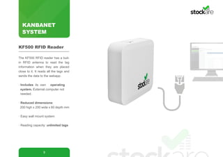 KANBANET
SYSTEM
9
The KF500 RFID reader has a buil-
in RFID antenna to read the tag
information when they are placed
close to it. It reads all the tags and
sends the data to the webapp.
· Includes its own operating 	 	
system. External computer not 	 	
needed.
· Reduced dimensions:
200 high x 200 wide x 60 depth mm
· Easy wall mount system
· Reading capacity: unlimited tags
KF500 RFID Reader
 
