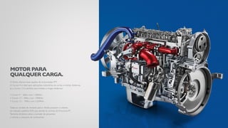O Stralis oferece duas opções de motorização FPT.
O Cursor 9 é ideal para aplicações rodoviárias de curtas e médias distâncias.
Já o Cursor 13 é perfeito para médias e longas distâncias.
• Cursor 9 – 360cv com 1.500Nm.
• Cursor 13 – 400cv com 1.900Nm.
• Cursor 13 –  440cv com 2.250Nm.
Todas as versões de motores para o Stralis possuem o sistema
de redução catalítica SCR, que atende às normas do Proconve-P7.
Tamanha eficiência reduz a emissão de poluentes
e otimiza o consumo de combustível.
MOTOR PARA
QUALQUER CARGA.
 