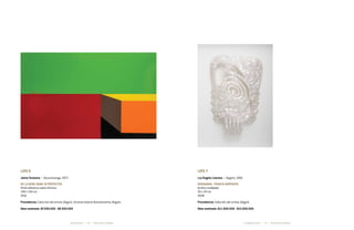 18 19* Darte Social La Subasta * Darte Social La SubastaLuz Ángela Lizarazo *Jaime Tarazona *
Lote 6
Jaime Tarazona * Bucaramanga, 1973
De la serie ODAM 10 Proyectos
Vinilo adhesivo sobre fórmica
100 x 150 cm
2012
Procedencia: Colección del artista, Bogotá. Cortesía Galería Nueveochenta, Bogotá
Valor estimado: $7.500.000 - $8.500.000
Lote 7
Luz Ángela Lizarazo * Bogotá, 1966
Xenogamia - peineta serpiente
Acrílico moldeado
50 x 30 cm
2008
Procedencia: Colección del artista, Bogotá
Valor estimado: $11.000.000 - $13.000.000
 