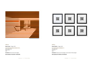 22 23* Darte Social La Subasta * Darte Social La SubastaAlberto Lezaca * Manuel Calderón *
Lote 10
Alberto Lezaca * Bogotá, 1970
Escultura involuntaria constante (nº2)
Acrílico sobre lienzo
185 x 150 cm
2014
Procedencia: Colección del artista, Bogotá
Valor estimado: $11.500.000 - $13.000.000
Lote 11
Manuel Calderón * Bogotá, 1985
De la serie metros cuadrados N° 4
Tinta sobre papel
25 x 25 cm
2012
Procedencia: Colección del artista, Bogotá. Cortesía Galería El Museo, Bogotá
Valor estimado: $11.000.000 - $13.000.000
 