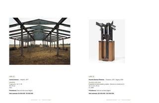 24 25* Darte Social La Subasta * Darte Social La SubastaEduardo Ramírez Villamizar *Camilo Echeverri *
Lote 12
Camilo Echeverri * Medellín, 1977
Presente
C-type print - Ed. 3 + PA
84 x 70 cm
2011
Procedencia: Colección del artista, Bogotá
Valor estimado: $3.000.000 - $4.000.000
Lote 13
Eduardo Ramírez Villamizar * Pamplona, 1922 - Bogotá, 2004
saludo al año 2000
Ensamble de metal oxidado y madera - Edición sin numerar de 12
41,5 x 14,5 x 20 cm
Ca. 1998
Procedencia: Colección privada, Bogotá
Valor estimado: $12.000.000 - $15.000.000
 