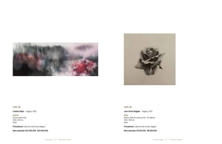 50 51* Darte Social La Subasta * Darte Social La SubastaCatalina Mejía * Juan Carlos Delgado *
Lote 38
Catalina Mejía * Bogotá, 1962
amigos
Acrílico sobre tela
100 x 250 cm
2013
Procedencia: Colección del artista, Bogotá
Valor estimado: $21.000.000 - $23.000.000
Lote 39
Juan Carlos Delgado * Bogotá, 1972
Rosa
Resina, fibra de vidrio y tinta - Ed. Abierta
100 x 100 cm
2014
Procedencia: Colección del artista, Bogotá
Valor estimado: $7.500.000 - $9.000.000
 