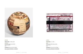 52 53* Darte Social La Subasta * Darte Social La SubastaAlejandro Tobón * Danilo Dueñas *
Lote 40
Alejandro Tobón * Medellín, 1978
sin título
Ensamble de fragmentos de madera
70 cm de diámetro
2014
Procedencia: Colección del artista, Bogotá
Valor estimado: $9.500.000 - $11.500.000
Lote 41
Danilo Dueñas * Cali, 1956
Birth
Fórmica sobre madera lijada y pintada
22,3 x 31,8 cm
2007
Procedencia: Colección del artista, Bogotá
Valor estimado: $8.000.000 - $10.000.000
 