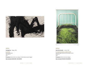 54 55* Darte Social La Subasta * Darte Social La SubastaSantiago Parra * María Elvira Escallón *
Lote 42
Santiago Parra * Bogotá, 1986
03.03.2015
Acrílico sobre lienzo
110 x 200 cm
2015
Procedencia: Colección del artista, Bogotá. Cortesía Galería Sextante, Bogotá
Valor estimado: $10.000.000 - $12.000.000
Lote 43
María Elvira Escallón * Londres, 1954
En estado de coma. de la serie Cultivos
Impresión digital, poliestireno enmarcada en marfil
95 x 61 cm
2007
Procedencia: Colección del artista, Bogotá
Valor estimado: $7.500.000 - $8.500.000
 