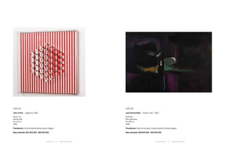 66 67* Darte Social La Subasta * Darte Social La SubastaJuan Antonio Roda *Julio Le Parc *
Lote 54
Julio Le Parc * Argentina, 1928
Relief 10
Edición 200
41 x 41 cm
1970
Procedencia: Cortesía Galería Alonso Garcés, Bogotá
Valor estimado: $52.000.000 - $58.000.000
Lote 55
Juan Antonio Roda * España, 1921 - 2003
Ventana
Óleo sobre tela
63 x 90 cm
1959
Procedencia: Colección privada. Cortesía Galería El Museo, Bogotá
Valor estimado: $28.000.000 - $32.000.000
 