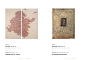 68 69* Darte Social La Subasta * Darte Social La SubastaDelcy Morelos * Jack Vanarsky *
Lote 56
Delcy Morelos * Tierra Alta, 1967
Sin título. de la serie Campos concentrados
Pintura sobre lienzo
120 x 90 cm c/u
2003
Procedencia: Colección privada, Bogotá
Valor estimado: $18.000.000 - $20.000.000
Lote 57
Jack Vanarsky * Argentina, 1936 - 2009
Desnudo escandinavo por una escalera mecánica
Técnica mixta
58 x 44 cm
1989
Procedencia: Cortesía Galería Alonso Garcés, Bogotá
Valor estimado: $18.000.000 - $22.000.000
 