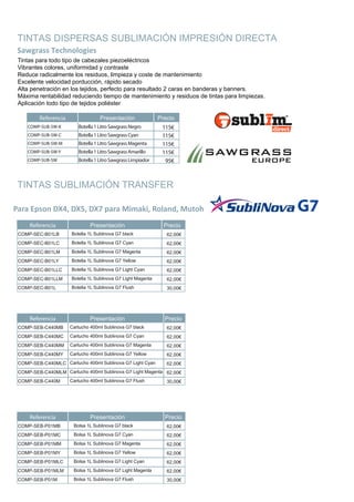 TINTAS DISPERSAS SUBLIMACIÓN IMPRESIÓN DIRECTA
Sawgrass Technologies
Tintas para todo tipo de cabezales piezoeléctricos
Vibrantes colores, uniformidad y contraste
Reduce radicalmente los residuos, limpieza y coste de mantenimiento
Excelente velocidad porducción, rápido secado
Alta penetración en los tejidos, perfecto para resultado 2 caras en banderas y banners.
Máxima rentabilidad reduciendo tiempo de mantenimiento y residuos de tintas para limpiezas.
Aplicación todo tipo de tejidos poliéster
TINTAS SUBLIMACIÓN TRANSFER
G7Para Epson DX4, DX5, DX7 para Mimaki, Roland, Mutoh
Referencia Presentación Precio
COMP-SUB-SW-K
COMP-SUB-SW-C
COMP-SUB-SW-M
COMP-SUB-SW-Y
COMP-SUB-SW
Botella 1 Litro Sawgrass Negro
Botella 1 Litro Sawgrass Cyan
Botella 1 Litro Sawgrass Magenta
Botella 1 Litro Sawgrass Amarillo
Botella 1 Litro Sawgrass Limpiador
115€
115€
115€
115€
95€
Referencia Presentación Precio
COMP-SEC-B01LB
COMP-SEC-B01LC
COMP-SEC-B01LM
COMP-SEC-B01LY
COMP-SEC-B01LLC
COMP-SEC-B01LLM
COMP-SEC-B01L
Botella 1L Sublinova G7 black
Botella 1L Sublinova G7 Cyan
Botella 1L Sublinova G7 Magenta
Botella 1L Sublinova G7 Yellow
Botella 1L Sublinova G7 Light Cyan
Botella 1L Sublinova G7 Light Magenta
Botella 1L Sublinova G7 Flush
62,00€
62,00€
62,00€
62,00€
62,00€
62,00€
30,00€
Referencia Presentación Precio
COMP-SEB-C440MB
COMP-SEB-C440MC
COMP-SEB-C440MM
COMP-SEB-C440MY
COMP-SEB-C440MLC
COMP-SEB-C440MLM
COMP-SEB-C440M
Cartucho 400ml Sublinova G7 black
Cartucho 400ml Sublinova G7 Cyan
Cartucho 400ml Sublinova G7 Magenta
Cartucho 400ml Sublinova G7 Yellow
Cartucho 400ml Sublinova G7 Light Cyan
Cartucho 400ml Sublinova G7 Light Magenta
Cartucho 400ml Sublinova G7 Flush
62,00€
62,00€
62,00€
62,00€
62,00€
62,00€
30,00€
Referencia Presentación Precio
COMP-SEB-P01MB
COMP-SEB-P01MC
COMP-SEB-P01MM
COMP-SEB-P01MY
COMP-SEB-P01MLC
COMP-SEB-P01MLM
COMP-SEB-P01M
Bolsa 1L Sublinova G7 black
Bolsa 1L Sublinova G7 Cyan
Bolsa 1L Sublinova G7 Magenta
Bolsa 1L Sublinova G7 Yellow
Bolsa 1L Sublinova G7 Light Cyan
Bolsa 1L Sublinova G7 Light Magenta
Bolsa 1L Sublinova G7 Flush
62,00€
62,00€
62,00€
62,00€
62,00€
62,00€
30,00€
 