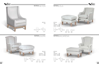 0,43
0,45
0,95
0,60 0,75
METRAJE
3,75
BUTACA
HILTON
0,45 0,45
0,60
1,02
0,75 0,90 0,40 - 0,70
0,75 - 1,00
0,40
0,50
METRAJE
6,00
Funda Brazos:		 1,00
PUF 0,40 - 0,70:	 2,50
PUF 0,75 - 1,00:	 3,25
BUTACA
LOLA
BUTACA
LAURA
0,45
0,40 - 0,70
0,75 - 1,00
0,40
0,50
METRAJE
5,50
Funda Brazos:		 1,00
PUF 0,40 - 0,70:	2,50
PUF 0,75 - 1,00:	3,25
0,45
0,60
1,00
0,80 0,95
0,45 0,45
0,62
0,90
0,75 0,85 0,40 - 0,70
0,75 - 1,00
0,40
0,50
METRAJE
5,50
Funda Brazos:		 1,00
PUF 0,40 - 0,70:	2,50
PUF 0,75 - 1,00:	3,25
BUTACA
MACARENA
81
80
 