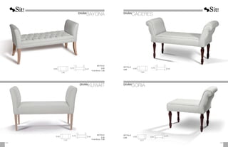 1,10
0,50 0,70
0,45
DIVÁN
CÁCERES
DIVÁN
BAYONA
METRAJE
3,25
Funda Brazos: 1,00
1,40
0,50 0,72
0,47
METRAJE
2,25
Funda Brazos:	 1,00
DIVÁN
SORIA
DIVÁN
KUWAIT
1,20
0,50 0,70
0,44
METRAJE
3,00
0,77
0,50 0,70
0,44
METRAJE
2,50
123
122
 