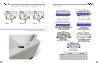 COJÍN Nº5 – RESPALDO
Relleno: Fibra hueca siliconada y pluma.
COJÍN Nº6 – RESPALDO – SANDWICH2
Espuma de poliuretano súper suave.
Relleno: Fibra hueca siliconada y pluma.
COJÍN Nº7 – RESPALDO
Relleno: Fibra hueca siliconada.
CARGADOR DE MÓVIL
COJÍN Nº1 – ASIENTO – SANDWHICH
Espuma de poliuretano densidad 35.
Espuma de poliuretano densidad 32/33.
Relleno: Fibra hueca siliconada y pluma.
COJÍN Nº2 – ASIENTO – SANDWICH 2
Espuma de poliuretano densidad 35.
Espuma de poliuretano densidad 32/33.
Relleno: Fibra hueca siliconada y pluma.
COJÍN Nº3 – ASIENTO – SANDWICH VISCOELÁSTICA
Espuma de poliuretano densidad 35.
Espuma de poliuretano viscoelástica.
COJÍN Nº4 – ASIENTO
Espuma de poliuretano densidad 35.
Espuma de poliuretano densidad 32/33.
Fibra.
COJÍN ASIENTO COJÍN RESPALDO
MODELO
SOFÁ ALGARVE 4
SOFÁ KANSAS 4 7
SOFÁ MIAMI 4 7
SOFÁ RONDA 4
SOFÁ TOLEDO 4
181
180
EMBELLECEDORES DE TABURETES COJINES
DORADO NÍQUEL BRILLO NÍQUEL MATE
 