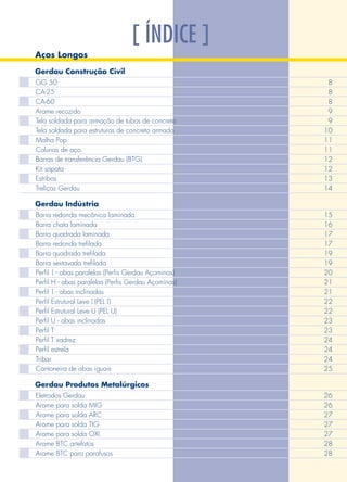 [ ÍNDICE ]
Aços Longos
Gerdau Construção Civil
GG 50
CA-25
CA-60
Arame recozido
Tela soldada para armação de tubos de concreto
Tela soldada para estruturas de concreto armado
Malha Pop
Colunas de aço
Barras de transferência Gerdau (BTG)
Kit sapata
Estribos
Treliças Gerdau
8
8
8
9
9
10
11
11
12
12
13
14
Gerdau Indústria
Gerdau Produtos Metalúrgicos
Eletrodos Gerdau
Arame para solda MIG
Arame para solda ARC
Arame para solda TIG
Arame para solda OXI
Arame BTC artefatos
Arame BTC para parafusos
15
16
17
17
19
19
20
21
21
22
22
23
23
24
24
24
25
26
26
27
27
27
28
28
Barra redonda mecânica laminada
Barra chata laminada
Barra quadrada laminada
Barra redonda trefilada
Barra quadrada trefilada
Barra sextavada trefilada
Perfil - abas paralelas (Perfis Gerdau Açominas)
Perfil H - abas paralelas (Perfis Gerdau Açominas)
Perfil - abas inclinadas
Perfil Estrutural Leve (PEL )
Perfil Estrutural Leve U (PEL U)
Perfil U - abas inclinadas
Perfil T
Perfil T xadrez
Perfil estrela
Tribar
Cantoneira de abas iguais
I
I
I I
 