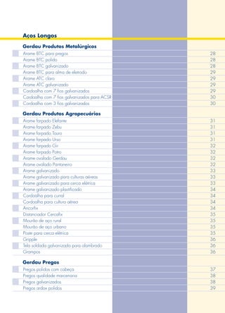 Aços Longos
Gerdau Produtos Metalúrgicos
Gerdau Produtos Agropecuários
Gerdau Pregos
Arame BTC para pregos
Arame BTC polido
Arame BTC galvanizado
Arame BTC para alma de eletrodo
Arame ATC claro
Arame ATC galvanizado
Cordoalha com 7 fios galvanizados
Cordoalha com 7 fios galvanizados para ACSR
Cordoalha com 3 fios galvanizados
Arame farpado Elefante
Arame farpado Zebu
Arame farpado Touro
Arame farpado Urso
Arame farpado Gir
Arame farpado Potro
Arame ovalado Gerdau
Arame ovalado Pantaneiro
Arame galvanizado
Arame galvanizado para culturas aéreas
Arame galvanizado para cerca elétrica
Arame galvanizado plastificado
Cordoalha para curral
Cordoalha para cultura aérea
Ancorfix
Distanciador Cercafix
Mourão de aço rural
Mourão de aço urbano
Poste para cerca elétrica
Gripple
Tela soldada galvanizada para alambrado
Grampos
Pregos polidos com cabeça
Pregos qualidade marcenaria
Pregos galvanizados
Pregos ardox polidos
28
28
28
29
29
29
29
30
30
31
31
31
31
32
32
32
32
33
33
33
34
34
34
34
35
35
35
35
36
36
36
37
38
38
39
 