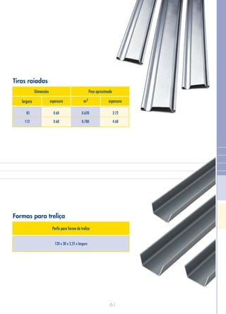 Formas para treliça
Perfis para forma de treliça
120 x 30 x 2,25 x largura
Tiras raiadas
Dimensões Peso aproximado
largura espessura espessura
0.620
0.780
3.72
4.68
0.60
0.60
85
112
2m
61
 
