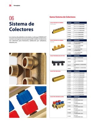 COLECTOR MACHO-HEMBRA
Asiento plano
CÓDIGO DIMENSIÓN
314415 3/4-1/2 2 CONEXIONES
314416 3/4-1/2 3 CONEXIONES
314417 3/4-1/2 4 CONEXIONES
314418 3/4-1/2 5 CONEXIONES
314419 1-1/2 2 CONEXIONES
314420 1-1/2 3 CONEXIONES
314421 1-1/2 4 CONEXIONES
314422 1-1/2 5 CONEXIONES
30 Ferroplast
Gama Sistema de Colectores
06
Sistema de
Colectores
LossistemasdepolietilenoreticuladoymulticapaFERROPLAST
cuentanconlagamanecesariaparapoderrealizarinstalaciones
con colectores para fontanería, calefacción por radiadores,
industria, etc.
COLECTOR MACHO-HEMBRA
Eurocono
CÓDIGO DIMENSIÓN
314686
3/4-3/4 EUROCONO
2 CONEXIONES
314687
3/4-3/4 EUROCONO
3 CONEXIONES
314688
1-3/4 EUROCONO
2 CONEXIONES
314689
1-3/4 EUROCONO
3 CONEXIONES
COLECTOR MODULAR GPF PPSU CÓDIGO DIMENSIÓN
340077
FINAL 2 CONEXIONES
3/4”
340078
FINAL 3 CONEXIONES
3/4”
340079
INTERMEDIO 2 CONEXIONES
3/4”
340080
INTERMEDIO 3 CONEXIONES
3/4”
COLECTOR TREFILADO CÓDIGO DIMENSIÓN
314022 3/4-1/2 2 CONEXIONES
314023 3/4-1/2 3 CONEXIONES
314024 3/4-1/2 4 CONEXIONES
314013 1-1/2 2 CONEXIONES
314014 1-1/2 3 CONEXIONES
314015 1-1/2 4 CONEXIONES
314016 1-1/2 5 CONEXIONES
314017 1-1/2 6 CONEXIONES
314018 1-1/2 7 CONEXIONES
314019 1-1/2 8 CONEXIONES
314020 1-1/2 9 CONEXIONES
314021 1-1/2 10 CONEXIONES
COLECTOR CON REGULACIÓN CÓDIGO DIMENSIÓN
314499
3/4-3/4
2 CONEXIONES ROJO
314500
3/4-3/4
3 CONEXIONES ROJO
314501
3/4-3/4
4 CONEXIONES ROJO
314497
3/4-3/4
2 CONEXIONES AZUL
314498
3/4-3/4
3 CONEXIONES AZUL
314653
3/4-3/4
4 CONEXIONES AZUL
 