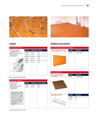 Sistemas hidrosanitarios y de calefacción 33
PLACA TETONES PLASTIFICADA
p. 7,5 cm e. 20-40 mm d. 25-30 kg/m3
CÓDIGO DIMENSIÓN
335064 1.350 x 750 MM
PANELES AISLANTESTUBOS
PLACA AISLANTE PLASTIFICADA CON TETONESPE-Xb FERROPLAST EVOH
PLACA LISA CON LÁMINA
DE ALUMINIO e. 30 mm d. 35 kg/m3
CÓDIGO DIMENSIÓN
335065 1.200x1.200 MM
PLACA AISLANTE LISA
RAIL PARA PLACA LISA CÓDIGO DIMENSIÓN
335067 16
335069 20
TUBO PE-Xb BARRERA
ANTIOXÍGENO EVOH
NORMA UNE EN ISO 15875-2
MARCA AENOR
COLOR BLANCO
CÓDIGO DIMENSIÓN M/ROLLO
232002 16 (1.8) 120
232003 16 (1.8) 200
232014 16 (1.8) 400
232009 16 (1.8) 500
232004 20 (1.9) 120
232005 20 (1.9) 200
Para otras longitudes de rollo consultar.
Para otras longitudes de rollo consultar.
TUBO MULTICAPA
PERT/AL/PERT
NORMA UNE EN ISO 21003
MARCA AENOR
COLOR BLANCO
CÓDIGO DIMENSIÓN M/ROLLO-BARRA
235001 16 (2.0) 100
235005 20 (2.0) 100
PERT/AL/PERT FERROPLAST
 