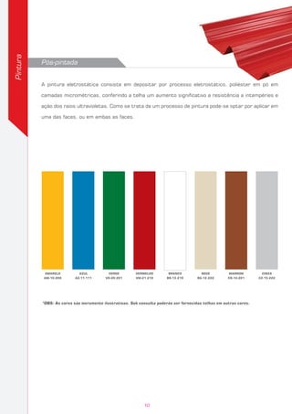 Pós-pintada
A pintura eletrostática consiste em depositar por processo eletrostático, poliéster em pó em
camadas micrométricas, conferindo a telha um aumento significativo a resistência a intempéries e
ação dos raios ultravioletas. Como se trata de um processo de pintura pode-se optar por aplicar em
uma das faces, ou em ambas as faces.
Pintura
*OBS: As cores são meramente ilustrativas. Sob consulta poderão ser fornecidas telhas em outras cores.
AMARELO
AM-10.208
AZUL
AZ-11.111
VERDE
VD-20.201
VERMELHO
VM-21.210
BRANCO
BR-13.210
BEGE
BG-12.222
MARROM
CR-14.201
CINZA
CZ-15.222
10
 