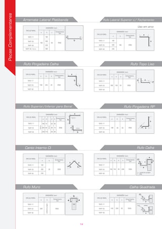 TIPO DE PERFIL
a b d d
180
200
240
70
80
110
60
80
60
90
70
90
2950
TMTO 17
TMTP 25
TMTP 40
DIMENSÕES (mm)
Comprimento
Útil b
a
b
a
Superior
Superior
Inferior
Inferior
TIPO DE PERFIL
a b d
180 50 20 2950
TMTO 17
TMTP 25
TMTP 40
DIMENSÕES (mm)
Comprimento
Útil
b
a
d
Rufo Pingadeira RPRufo Superior/Inferior para Beiral
TIPO DE PERFIL
a b
200
180
20
240
2950
TMTO 17
TMTP 25
TMTP 40
DIMENSÕES (mm)
Comprimento
Útil
aa
bb
Rufo CalhaCanto Interno CI
TIPO DE PERFIL
a
150
d
20
e
200
b
150 2950
TMTO 17
TMTP 25
TMTP 40
DIMENSÕES (mm)
Comprimento
Útil
muro
telha
e - conforme projeto
f - 250
TIPO DE PERFIL
a
280
d
20
b
150 2950
TMTO 17
TMTP 25
TMTP 40
DIMENSÕES (mm)
Comprimento
Útil
b a
d
TIPO DE PERFIL
a b d
160 220 20 2950
TMTO 17
TMTP 25
TMTP 40
DIMENSÕES (mm)
Comprimento
Útil
b
a
d
Rufo Topo LisoRufo Pingadeira Calha
Rufo Lateral Superior c/ FechamentoArremate Lateral Platibanda
TIPO DE PERFIL
a b
200
180
c
20
240
100
300
2950
TMTO 17
TMTP 25
TMTP 40
TMTP 40 / Forro
DIMENSÕES (mm)
Comprimento
Útil
b
a c
TIPO DE PERFIL
a b
200
180
100
240
2950
TMTO 17
TMTP 25
TMTP 40
DIMENSÕES (mm)
Comprimento
Útil
a
a
Uso em arco
PeçasComplementares
TIPO DE PERFIL
a
200
b
conformeprojeto
2950
TMTO 17
TMTP 25
TMTP 40
DIMENSÕES (mm)
Comprimento
Útil
muro
TIPO DE PERFIL
a
2950200 20150
DIMENSÕES (mm)
b c Comprimento
Total
TMTO 17
TMTP 25
TMTP 40
muro
telha
muro
Rufo Muro Calha Quadrada
14
 