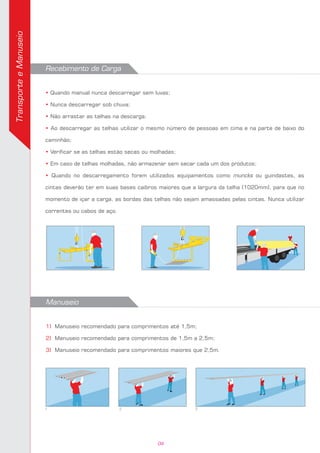 Recebimento de Carga
• Quando manual nunca descarregar sem luvas;
• Nunca descarregar sob chuva;
• Não arrastar as telhas na descarga;
• Ao descarregar as telhas utilizar o mesmo número de pessoas em cima e na parte de baixo do
caminhão;
• Verificar se as telhas estão secas ou molhadas;
• Em caso de telhas molhadas, não armazenar sem secar cada um dos produtos;
• Quando no descarregamento forem utilizados equipamentos como muncks ou guindastes, as
cintas deverão ter em suas bases caibros maiores que a largura da telha (1020mm), para que no
momento de içar a carga, as bordas das telhas não sejam amassadas pelas cintas. Nunca utilizar
correntes ou cabos de aço.
1 2 3
TransporteeManuseio
Manuseio
1) Manuseio recomendado para comprimentos até 1,5m;
2) Manuseio recomendado para comprimentos de 1,5m a 2,5m;
3) Manuseio recomendado para comprimentos maiores que 2,5m.
04
 