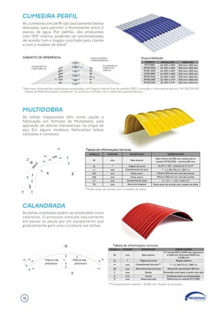 As cumeeiras em perfil são basicamente telhas
dobradas, para permitir o fechamento entre 2
planos de água. Por padrão, são produzidas
com 1650 interno, podendo ser personalizadas
de acordo com o ângulo solicitado pelo cliente
e com o modelo de telha*.
*Para mais informações sobre peças produzidas com ângulo interno fora de padrão (165o
), consulte o informativo técnico “Inf. 053.19-R01
- Tabela de Referência para Cumeeiras” ou entre em contato com o setor de suporte técnico.
**Pode variar de acordo com o modelo da telha.
***Comprimento máximo = 6.000 mm. Sujeito à consulta.
As telhas trapezoidais têm como opção a
fabricação em formato de Multidobra, pela
aplicação de dobras transversais na chapa de
aço. Em alguns modelos, fabricamos telhas
côncavas e convexas.
As telhas onduladas podem ser produzidas como
calandras. O processo consiste basicamente
em passar as peças por um equipamento que
gradualmente gera uma curvatura nas telhas.
MULTIDOBRA
CALANDRADA
CUMEEIRA PERFIL
10
 