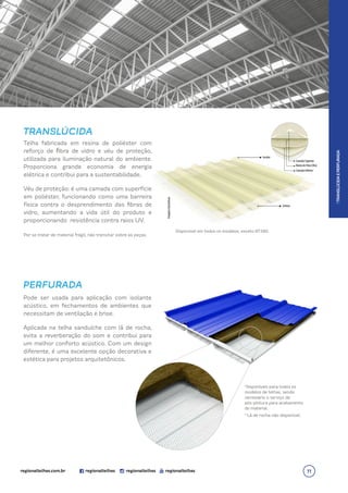 TRANSLÚCIDA
Incolor
Leitosa
Imagens
ilustrativas
MantadeFibra(Véu)
Camada Inferior
Camada Superior
Disponível em todos os modelos, exceto RT260.
*
Disponíveis para todos os
modelos de telhas, sendo
necessário o serviço de
pós-pintura para acabamento
do material.
**
Lã de rocha não disponível.
Telha fabricada em resina de poliéster com
reforço de fibra de vidro e véu de proteção,
utilizada para iluminação natural do ambiente.
Proporciona grande economia de energia
elétrica e contribui para a sustentabilidade.
Véu de proteção: é uma camada com superfície
em poliéster, funcionando como uma barreira
física contra o desprendimento das fibras de
vidro, aumentando a vida útil do produto e
proporcionando resistência contra raios UV.
Por se tratar de material frágil, não transitar sobre as peças.
Pode ser usada para aplicação com isolante
acústico, em fechamentos de ambientes que
necessitam de ventilação e brise.
Aplicada na telha sanduíche com lã de rocha,
evita a reverberação do som e contribui para
um melhor conforto acústico. Com um design
diferente, é uma excelente opção decorativa e
estética para projetos arquitetônicos.
PERFURADA
|
TRANSLÚCIDA
E
PERFURADA
11
 