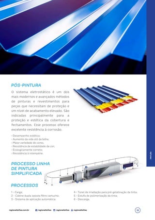 PROCESSO LINHA
DE PINTURA
SIMPLIFICADA
PROCESSOS
PÓS-PINTURA
O sistema eletrostático é um dos
mais modernos e avançados métodos
de pinturas e revestimentos para
peças que necessitam de proteção e
um nível de acabamento elevado. São
indicadas principalmente para a
proteção e estética da cobertura e
fechamentos. Esse processo oferece
excelente resistência à corrosão.
• Desempenho estético;
• Aumento da vida útil da telha;
• Maior variedade de cores;
• Resistência de estabilidade da cor;
• Ecologicamente correto;
• Resistência à intempérie.
1 - Carga;
2 - Cabine dupla oposta filtro cartucho;
3 - Sistema de aplicação automática;
4 - Túnel de irradiação para pré-gelatinação da tinta;
5 - Estufa de polimerização da tinta;
6 - Descarga.
|
PINTURA
15
 