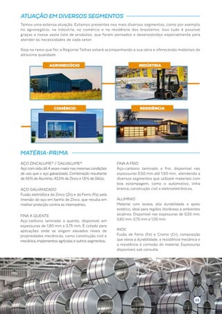 INOX
Fusão de Ferro (Fe) e Cromo (Cr), composição
que eleva a durabilidade, a resistência mecânica e
a resistência à corrosão do material. Espessuras
disponíveis sob consulta.
ALUMÍNIO
Material com leveza, alta durabilidade e apelo
estético, ideal para regiões litorâneas e ambientes
alcalinos. Disponível nas espessuras de 0,50 mm,
0,60 mm, 0,70 mm e 1,00 mm.
FINA A QUENTE
Aço-carbono laminado a quente, disponível em
espessuras de 1,80 mm a 3,75 mm. É cotado para
aplicações onde se exigem elevados níveis de
propriedades mecânicas, como construção civil e
mecânica,implementosagrícolaseoutrossegmentos.
FINA A FRIO
Aço-carbono laminado a frio, disponível nas
espessuras 0,50 mm até 1,50 mm, atendendo a
diversos segmentos que utilizam materiais com
boa estampagem, como o automotivo, linha
branca, construção civil e eletroeletrônicos.
MATÉRIA-PRIMA
AÇO GALVANIZADO
Fusão eletrolítica do Zinco (Zn) e do Ferro (Fe) pela
imersão do aço em banho de Zinco, que resulta em
melhor proteção contra as intempéries.
AÇO ZINCALUME® / GALVALUME®
Açocomvidaútil4vezesmaiornasmesmascondições
de uso que o aço galvanizado. Combinação resultante
de55%deAlumínio,43,5%deZincoe1,5%deSilício.
Temos uma extensa atuação. Estamos presentes nos mais diversos segmentos, como por exemplo
no agronegócio, na indústria, no comércio e na residência dos brasileiros. Isso tudo é possível
graças a nossa vasta lista de produtos, que foram pensados e desenvolvidos especialmente para
atender às necessidades de cada setor.
Seja no ramo que for, a Regional Telhas estará acompanhando a sua obra e oferecendo materiais de
altíssima qualidade.
ATUAÇÃO EM DIVERSOS SEGMENTOS
05
 