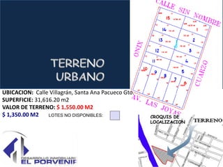 UBICACION: Calle Villagrán, Santa Ana Pacueco Gto.
SUPERFICIE: 31,616.20 m2
VALOR DE TERRENO: $ 1,550.00 M2
$ 1,350.00 M2                                        CROQUIS DE
                                                     LOCALIZACION
 