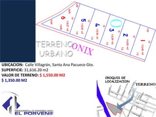 UBICACION: Calle Villagrán, Santa Ana Pacueco Gto.
SUPERFICIE: 31,616.20 m2
VALOR DE TERRENO: $ 1,550.00 M2
                                                     CROQUIS DE
$ 1,350.00 M2                                        LOCALIZACION
 