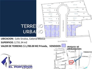 UBICACION: Calle Sinaloa, Colonia México
SUPERFICIE: 2,731.34 m2
VALOR DE TERRENO: $ 1,700.00 M2 Privada, VENDIDOS   CROQUIS DE
                                                    LOCALIZACION
 