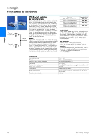 Energía
Switch estático de transferencia
110 Rittal Catálogo TI/Energía
Energía
STS Switch estático
de transferencia
Con la utilización de un switch estático de transfe-
rencia es posible accionar «single-corded devi-
ces» (aparatos que sólo disponen de una fuente
de alimentación) con una fuente de alimentación
redundante. Un STS posee dos alimentaciones,
que conmutan de forma automática. El tiempo de
conmutación es de < 5 ms. De esta forma se
garantiza que los aparatos sensibles puedan fun-
cionar sin fallos. La conmutación se realiza ab-
riendo un circuito antes de cerrar el otro, evitando
así que la carga quede alimentada simultánea-
mente por ambas fuentes.
Manejo:
El panel de mando situado en el frontal de la caja
muestra todas las funciones centrales e indicacio-
nes del switch estático de transferencia. Todas
las indicaciones pueden tratarse también con
contactos libres de potencial. El STS puede com-
pletarse opcionalmente con un marco de monta-
je rápido, equipado con un bypass externo. Esta
función permite, en caso de trabajos de manteni-
miento, conmutar la carga manualmente a la red.
Conectividad:
Con la tarjeta SNMP opcional es posible incorpo-
rar el switch estático STS en un sistema de ges-
tión de red. El servidor web integrado en la tar-
jeta SNMP pone a disposición un acceso al STS
protegido por contraseña con la ayuda de un
navegador web.
Bajo demanda:
STS con mayor potencia de conexión,
marco de montaje rápido con bypass externo.
Atención:
Encontrará informaciones actuales como instruc-
ciones de montaje, actualizaciones de software
e información sobre el producto en
www.rimatriX5.es
Fuente 1
Fuente 2
Carga
Ejecución Referencia DK
STS 16 A sin interfaz serie 7857.070
STS 16 A con interfaz serie 7857.080
STS 16 A con interfaz serie
y marco de montaje rápido
7857.090
STS 20 A con interfaz serie
y marco de montaje rápido
7857.100
Datos técnicos:
Intensidad nominal 16 A y 20 A
Tensión 1 fase 120/220/230/240 V
Tolerancia de la tensión de entrada ajustable (estándar ±15 %)
Frecuencia 50 o 60 Hz
Resistencia al cortocircuito hasta 20/15 IN respectivamente según intensidad nominal
Factor Crest admisible hasta 4
Conmutación Fase/conductor neutro
Modo de transmisión
sincrónico/asincrónico sin superposición de las fuentes
de corriente
Tiempo de conmutación < 5 ms
 