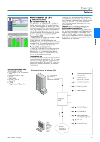 Software
Energía
111Rittal Catálogo TI/Energía
Energía
Monitorización de UPS
y switch estático
de transferencia STS
Con el software de monitorización y gestión es
posible administrar todos los componentes acti-
vos de la línea RimatriX5. Un interfaz para todas
las instalaciones UPS monofásicas y trifásicas, así
como para el switch caracteriza el concepto de
mando. Cuando un generador se encuentra fun-
cionando, también es posible realizar su control
de forma opcional con el adaptador SNMP.
Funcionalidad SNMP
La integración en un sistema de vigilancia SNMP
puede realizarse sin problemas.
Un MIB adicional junto al MIB estándar MIB
RFC1628 proporciona la representación de todos
los parámetros. Adicionalmente está disponible
un «plug in» opcional para HP Open View.
Funcionalidad correo electrónico
El cliente de correo electrónico integrado ofrece
la posibilidad de enviar correos de estado al
administrador. La configuración de la gestión
acción/alarma ofrece una herramienta que per-
mite un filtrado de las indicaciones.
Funcionalidad web
El interfaz web integrado ofrece todas las informa-
ciones relevantes de la UPS o del STS. La protec-
ción con contraseña impide el acceso no autori-
zado a la tarjeta SNMP. El cliente NTP integrado
proporciona el servicio sincrónico de todas las
instalaciones.
La interfaz PPP opcional permite el acceso a la
tarjeta SNMP incluso desde el exterior de la intra-
net o el acceso a la tarjeta SNMP, cuando la infra-
estructura de red no se encuentra disponible.
La UPS también puede gestionarse con el pro-
grama UPSMON.
UPSMON se encuentra disponible para los
siguientes sistemas operativos:
Windows, Unix, Novell Netware, OS/2, MacOSX.
Los servidores conectados a la UPS pueden des-
cargarse con la ayuda de un proveedor, accio-
nado por la UPS. Soporta cualquier sistema ope-
rativo. Con un software opcional es posible parar
el servidor para ofrecer a importantes servicios un
mayor tiempo de autonomía.
UPS monofásica
UPS trifásica
STS
Generador opcional
Instalación de extinción
de incendios
Instalación de
alarma de incendio
Instalación de clima
Relé encendido
Relé apagado
Adaptador
SNMP
TCP/IP
Intranet
Shutdown +
Messaging
UNIX
AS400
Windows
Mac OS
OS/2
Novell
Linux
Terminal (Setup)
PPP (Módem)
Mod Bus RS 485
(Facility Managment)
RS 232
Gráfico de funciones de la tarjeta SNMP
Protocolo Smart
Protocolos soportados por la
ethernet de la interfaz:
● HTTP/Java/UPS MON Interface
● WAP
● Remote Programm Start
● SNMP
● SMTP/SMS
● Mod Bus over IP
● Telnet/FTP
● Logfile
● Plug-In para HP Open View
 