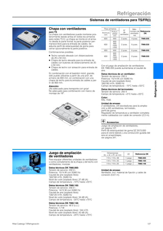 Sistemas de ventiladores para TS/FR(i)
Refrigeración
127Rittal Catálogo TI/Refrigeración
Refrigeración
Chapa con ventiladores
para TS
La chapa con ventiladores puede montarse pos-
teriormente desde arriba en todos los armarios
para redes TS 8. La chapa se monta en el arma-
rio desde la parte frontal, la parte posterior per-
manece libre para la entrada de cables. Se
adjunta perfil de estanqueidad de goma para
cerrar opcionalmente la parte posterior.
Combinaciones posibles:
● Techo cerrado elevado con distanciadores
de 20 o 50 mm.
● Chapa de techo elevada para la entrada de
cables con bulones de distanciamiento de 20
o 50 mm.
● Chapa de techo con aireación para entrada de
cables.
En combinación con el bastidor móvil, grande,
sólo puede utilizarse a partir de una prof. de
armario de 800 mm, en combinación con una
chapa de techo para la entrada de cables a par-
tir de 900 mm.
Atención:
¡No adecuado para transporte con grúa!
No adecuado para combinación con marco de
montaje de 19″.
Con el juego de ampliación de ventiladores
DK 7980.000 puede aumentarse el caudal de
aire.
Datos técnicos de un ventilador:
Tensión de servicio: 230 V
Potencia: 15/14 W con 50/60 Hz
Caudal de aire (soplado libre):
160/180 m3/h, 50/60 Hz
Campo de temperatura: –10°C hasta +55°C
Datos técnicos del termostato:
Tensión de servicio: 250 V
Campo de temperatura: +5°C hasta +55°C
Color:
RAL 7035
Unidad de envase:
2 ventiladores, 2/4 escotaduras para la amplia-
ción a 4/6 ventiladores, termostato,
perfil de goma.
Regulador de temperatura y ventilador completa-
mente cableados con cable de conexión (2,5 m).
Accesorios:
Juego de ampliación de ventiladores,
ver página 127.
Perfil de estanqueidad de goma SZ 2573.000
para el cierre lateral y una conducción guiada del
aire en ensamblajes,
ver página 341.
385/585
525/725
40
30
Para armarios
Nº
de
ventilador
Máx.
número de
ventilado-
res
Referencia
DKAnchura
mm
Profun-
didad
mm
600 600 2 pzas. 4 pzas. 7966.035
600
800
900
1000
1200
2 pzas. 6 pzas. 7968.035
800 600 2 pzas. 6 pzas. 7986.035
800
800
900
1000
1200
2 pzas. 6 pzas. 7988.035
Juego de ampliación
de ventiladores
Para equipar diferentes unidades de ventiladores
o como complemento de la chapa y del techo con
ventiladores, modular.
Datos técnicos DK 7980.000:
Tensión de servicio: 230 V~
Potencia: 15/14 W con 50/60 Hz
Caudal de aire (soplado libre):
160/180 m3/h, 50/60 Hz
Nivel de ruido (soplado libre): 37 dB (A)
Campo de temperatura: –10°C hasta +55°C
Datos técnicos DK 7980.100:
Tensión de servicio: 230 V~
Potencia: 14/12 W con 50/60 Hz
Caudal de aire (soplado libre):
108/120 m3/h, 50/60 Hz
Nivel de ruido (soplado libre): 34 dB (A)
Campo de temperatura: –20°C hasta +70°C
Datos técnicos DK 7980.148:
Tensión de servicio: 48 V (c.c.)
Potencia: 7,7 W
Caudal de aire (soplado libre): 184 m3/h
Nivel de ruido (soplado libre): 43 dB (A)
Campo de temperatura: –20°C hasta +70°C
Unidad de envase:
Ventilador, incl. material de fijación y cable de
conexión (0,61 m).
Dimensiones
An. x Al. x Pr. en mm
UE Referencia DK
119 x 119 x 38 1 juego 7980.000
119 x 119 x 25 1 juego 7980.100
119 x 119 x 25 1 juego 7980.148
 