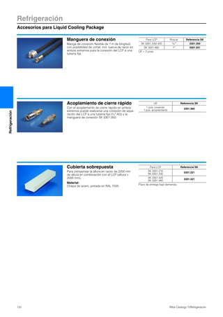 Refrigeración
Accesorios para Liquid Cooling Package
132 Rittal Catálogo TI/Refrigeración
Refrigeración
Manguera de conexión
Manga de conexión flexible de 1 m de longitud,
con posibilidad de cortar, incl. tuerca de racor en
ambos extremos para la conexión del LCP a una
tubería fija.
Para LCP Roscar Referencia SK
SK 3301.230/.420 3/4″ 3301.350
SK 3301.480 1″ 3301.351
UE = 2 pzas.
Acoplamiento de cierre rápido
Con el acoplamiento de cierre rápido en ambos
extremos puede realizarse una conexión de sepa-
ración del LCP a una tubería fija (3/4″ AG) y la
manguera de conexión SK 3301.350.
UE Referencia SK
1 pza. conector
1 pza. acoplamiento
3301.360
Cubierta sobrepuesta
Para compensar la altura en racks de 2200 mm
de altura en combinación con el LCP (altura =
2000 mm).
Material:
Chapa de acero, pintada en RAL 7035
Para LCP Referencia SK
SK 3301.210
SK 3301.230
3301.221
SK 3301.420
SK 3301.480
3301.421
Plazo de entrega bajo demanda.
 