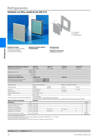 Refrigeración
Ventilador con filtro, caudal de aire 230 m3/h
136 Rittal Catálogo TI/Refrigeración
Refrigeración
H2
B2
T2
B1
T1
H1
B = Anchura
H = Altura
T = Profundidad
Unidad de envase:
Ventilador con filtro completo
a punto para montaje,
incluye esteras filtrantes.
Muestra de diseño alemán
nº M 93 04 846
Aprobaciones,
ver página 405.
Diagrama de potencia,
consulte en internet.
Accesorios página 141 Software página 151
Referencia Ventiladores con filtro SK 3325.107 3325.117 3325.027 3325.0471)
Tensión de servicio V, Hz 230, 50/60 115, 50/60 24 (c.c.) 48 (c.c.)
Dimensiones en mm
B1/H1 255
B2/H2 2242)
T1 12,5
Prof. máx. de montaje mm T2 105
Caudal de aire soplado libre 230/265 m3/h 230 m3/h
Caudal de aire con filtro de salida
incl. estera filtrante estándar
1 x SK 3325.207: 170/205 m3/h
2 x SK 3325.207: 200/230 m3/h
1 x SK 3326.207: 190/215 m3/h
Ventilador axial Motor de autoarranque Motor de corriente continua
Intensidad máx.
0,28 A
0,24 A
0,53 A
0,49 A
0,59 A 0,31 A
Potencia 41,0 W/38,0 W 14,0 W 15,0 W
Nivel de ruido 54/56 dB (A) 54 dB (A)
Campo de temperatura –10°C hasta +55°C
Color RAL 70353)
Grado de protección según EN 60 529/10.91
IP 54 estándar
IP 55 utilizando una estera filtrante fina adicional
IP 56 utilizando una estera filtrante fina adicional y una cubierta de protección contra agua a presión
Referencia Filtro de salida SK 3325.207
Accesorios UE Página
Esteras filtrantes de repuesto 5 pzas. 3172.100 149
Esteras filtrantes finas 5 pzas. 3182.100 149
Regulador de temperatura 1 pza. 3110.000 144
Indicador de temperatura 1 pza. 3114.100 3114.115 3114.024 – 143
Regulador de velocidad 1 pza. 3120.000 3120.115 – – 145
Cubierta contra agua a presión 1 pza. 3324.800
CG 31,
pág. 666
1) Plazo de entrega bajo demanda.
2) Con un grosor de la chapa de > 2,5 mm debe realizarse la escotadura B2/H2 aprox. 1 mm mayor.
3) Ejecución en RAL 7032 bajo demanda.
Tensiones especiales bajo demanda. Se reserva el derecho a realizar cambios técnicos.
 