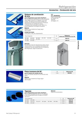 Accesorios – Conducción del aire
Refrigeración
141Rittal Catálogo TI/Refrigeración
Refrigeración
Sistema de canalización
de aire
para refrigeradores para techo TopTherm
Con el sistema de canalización de aire es posible
hacer llegar el aire frío a cualquier rincón del
armario. De esta forma se evita el peligro de
generación de obstrucción del aire a causa de
componentes con ventilación propia.
La longitud del canal plano es de 1500 mm y
puede adaptarse a la longitud necesaria.
Material:
Plástico muy resistente al fuego según
DIN 4102/B1.
Unidad de envase:
Canal plano, tubo de compensación.
Accesorios:
Pieza inversora 90°,
ver página 141.
Tapones,
ver página 141.
Atención:
No orientar el aire frío directamente sobre compo-
nentes activos. Con la utilización del sistema de
canalización de aire puede disminuir la potencia
del refrigerador, según la aplicación.
Para refrigerador UE
Referencia
sistema de canalización de aire SK
SK 3209. . . ./SK 3210. . . ./SK 3273. . . ./SK 3359. . . ./SK 3382. . . ./
SK 3383. . . ./SK 3384. . . ./SK 3385. . . .
1 pza. 3286.870
SK 3386. . . ./SK 3387. . . . 1 pza. 3286.970
Pieza inversora de 90°
para el sistema de canales de aire
Para una inversión del aire frío al final del canal
plano.
Material:
Plástico muy resistente al fuego según
DIN 4102/B1.
UE Referencia SK
1 pza. 3286.990
Tapones
para refrigeradores para techo TopTherm
Para cerrar las salidas de aire frío no utilizadas
en los refrigeradores para montaje en el techo
TopTherm.
Material:
Espuma de poliuretano
Para refrigerador UE Referencia SK
SK 3359. . . ./SK 3382. . . . 2 pzas. 3286.780
SK 3209. . . ./SK 3210. . . ./SK 3273. . . ./SK 3383. . . ./SK 3384. . . ./SK 3385. . . . 2 pzas. 3286.880
SK 3386. . . ./SK 3387. . . . 2 pzas. 3286.980
 