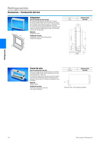 Refrigeración
Accesorios – Conducción del aire
142 Rittal Catálogo TI/Refrigeración
Refrigeración
Adaptador
para la entrada de aire frontal
En caso de montaje del refrigerador modular
SK 3278.134/SK 3292.134 en armarios con puer-
tas frontales (de chapa de acero o cristal acrílico)
es necesario utilizar este adaptador. De esta
forma se facilita el aspirado del aire ambiental del
exterior, imprescindible para el buen funcionana-
miento del refrigerador.
Material:
Chapa de acero
Unidad de envase:
Adaptador, junta, banda esponjosa,
material de fijación.
15
62
327
232
5027.5
100190
3531.75
12.7
63
62
bx44.45=c
UE Referencia SK
1 pza. 3259.000
Canal de aire
para la evacuación del aire
Para el montaje de los refrigeradores modulares
SK 3292.134/SK 3278.134 en armarios con una
profundidad de > 600 mm.
El canal de evacuación del aire permite la expul-
sión del aire ambiental caliente desde la parte
posterior del armario. El canal es variable en pro-
fundidad.
Material:
Plástico ABS
Unidad de envase:
Canal de evacuación del aire
incl. clips de fijación.
22
Canal de aire, con longitud ajustable
UE Referencia SK
10 pzas. 3220.000
 