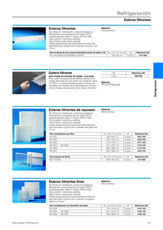 Esteras filtrantes
Refrigeración
149Rittal Catálogo TI/Refrigeración
Refrigeración
Esteras filtrantes
De fibras sin orientación y textura progresiva.
Resistentes a temperaturas de hasta 100°C,
autoextinguible clase F1 según DIN 53 438.
Cara exterior: estructura abierta.
Cara interior: estructura cerrada.
Filtraje garantizado de prácticamente todos los
tipos de polvo a partir de un tamaño de grano de
10 µm.
Material:
Fibra química
Para turbinas de aire comprimido/rejilla frontal de salida 2 UA An. x Al. x Pr. en mm UE Referencia SK
SK 3144.000/SK 3145.000/SK 3176.000 425 x 85 x 8 5 pzas. 3177.000
Estera filtrante
para chapa de entrada de cables, una pieza
Para cubrir la superficie perforada dentro de la
chapa del suelo de una pieza con aireación para
TS, FR(i). La estera filtrante puede cortarse con
facilidad a la medida de la escotadura e introdu-
cirse a través de las guías de la chapa de techo.
Material:
PPI 35-5/Poliamida
UE Referencia DK
1 pza. 7825.620
Esteras filtrantes de repuesto
De fibras sin orientación y textura progresiva.
Resistentes a temperaturas de hasta 100°C,
autoextinguible clase F1 según DIN 53 438.
Cara exterior: estructura abierta.
Cara interior: estructura cerrada.
Filtraje garantizado de prácticamente todos los
tipos de polvo a partir de un tamaño de grano de
10 µm.
Material:
Fibra química
Para ventiladores con filtro An. x Al. x Pr. en mm UE Referencia SK
SK 3321. . . . 89 x 89 x 10 5 pzas. 3321.700
SK 3322. . . . 120 x 120 x 12 5 pzas. 3322.700
SK 3323. . . . 173 x 173 x 17 5 pzas. 3171.100
SK 3324. . . ./SK 3325. . . . 221 x 221 x 17 5 pzas. 3172.100
SK 3326. . . . 289 x 289 x 17 5 pzas. 3173.100
SK 3327. . . . 289 x 289 x 10 5 pzas. 3327.700
Para soporte de filtros An. x Al. x Pr. en mm UE Referencia SK
SK 3175.000 338 x 242 x 20 3 pzas. 3174.000
Esteras filtrantes finas
De fibras sin orientación y textura progresiva.
Resistentes a temperaturas de hasta 100°C,
autoextinguible clase F1 según DIN 53 438.
Cara exterior: estructura abierta.
Cara interior: estructura cerrada.
Filtraje garantizado de prácticamente todos los
tipos de polvo a partir de un tamaño de grano
inferior a 10 µm.
Material:
Fibra química
Para ventiladores con filtro/filtro de salida An. x Al. x Pr. en mm UE Referencia SK
SK 3323. . . . 173 x 173 x 12 5 pzas. 3181.100
SK 3324. . . ./SK 3325. . . . 221 x 221 x 12 5 pzas. 3182.100
SK 3326. . . ./SK 3327. . . . 289 x 289 x 12 5 pzas. 3183.100
 
