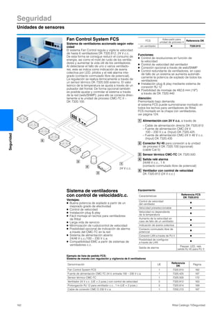 Seguridad
Unidades de sensores
162 Rittal Catálogo TI/Seguridad
Seguridad
Fan Control System FCS
Sistema de ventiladores accionado según velo-
cidad
El sistema Fan Control regula y vigila la velocidad
de hasta 6 ventiladores DK 7320.812, 24 V c.c.
De esta forma se consigue reducir el consumo de
energía, así como el nivel de ruido de los ventila-
dores y aumentar la vida útil de los ventiladores.
Al detectarse el fallo de uno o varios ventilado-
res, este se indica como indicación de avería
colectiva por LED, pitidos y el relé alarma inte-
grado (contacto conmutado libre de potencial).
La regulación se realiza térmicamente a través de
un sensor térmico DK 7320.500 externo. El valor
teórico de la temperatura se ajusta a través de un
pulsador del frontal. De forma opcional también
es posible ajustar y controlar el sistema a través
de la red (web/SNMP): para ello se conecta direc-
tamente a la unidad de proceso CMC-TC II –
DK 7320.100.
Funciones:
● Control de revoluciones en función de
la velocidad
● Control de velocidad del ventilador
● Conexión opcional a través de web/SNMP
● Control redundante de ventiladores, en caso
de fallo de un sistema se aumenta automáti-
camente la potencia de soplado de todos los
ventiladores
● Instalación plug & play mediante sistema de
conexión RJ 12
● Posibilidad de montaje de 482,6 mm (19″)
a través de DK 7320.440
Atención:
Premontado bajo demanda:
el sistema FCS puede suministrarse montado en
todos los techos para ventiladores de Rittal.
FCS montado en la chapa con ventiladores,
ver página 124.
Alimentación con 24 V c.c. a través de
– Cable de alimentación directo DK 7320.813
– Fuente de alimentación CMC-24 V
100 – 230 V c.a. (Input) DK 7320.425
– Fuente de alimentación CMC-24 V 48 V c.c.
(Input) DK 7320.435
Conector RJ 45 para conexión a la unidad
de proceso II DK 7320.100 (opcional)
(cable Cat 5)
Sensor térmico CMC-TC DK 7320.500
Salida relé alarma
24/48 V c.c., 1 A
(contacto conmutado libre de potencial)
Ventilador con control de velocidad
DK 7320.812 (24 V c.c.)2
3
4
5
1
24 V c.c.
FCS
Adecuado para
unidad de proceso II
Referencia DK
sin ventilador Ⅲ 7320.810
1
2
3
4
5
Sistema de ventiladores
con control de velocidad/c.c.
Ventajas:
● Buena potencia de soplado a partir de un
mejorado grado de efectividad
● Control de velocidad
● Instalación plug & play
● Fácil montaje en techos para ventiladores
de Rittal
● Larga vida de servicio
● Minimización de ruido/control de velocidad
● Posibilidad opcional de indicación de alarma
a través del CMC-TC en la red
● Sistema de alimentación abierto
24/48 V c.c./100 – 230 V c.a.
● Compatibilidad EMC a partir de sistemas de
ventiladores c.c.
Equipamiento
Características
Referencia FCS
DK 7320.810
Control de velocidad
del ventilador
Ⅲ
Velocidad preseleccionable Ⅲ
Velocidad no dependiente
de la temperatura
Ⅲ
Aumento de la velocidad en
caso de fallo de un ventilador
Ⅲ
Indicación de avería colectiva Ⅲ
Contacto conmutado libre de
potencial
Ⅲ
Conexión LAN a través de PU II Ⅲ
Posibilidad de configurar
a través de LAN
Ⅲ
Salida de alarma
Piepser, LED, relé,
salida RJ 45 para PU II
Ejemplo de lista de pedido FCS:
Sistema de mando con regulación y vigilancia de 6 ventiladores
Denominación UE
Referencia
DK
Página
Fan Control System FCS 1 7320.810 162
Fuente de alimentación CMC-TC 24 V, entrada 100 – 230 V c.a. 1 7320.425 167
Sensor térmico CMC-TC 1 7320.500 172
Ventilador 24 V c.c. (UE = 2 pzas.) con control de velocidad 3 7320.812 163
Prolongación RJ 12 para ventilador c.c., 1 m (UE = 2 pzas.) 3 7320.814 169
Cable de conexión CMC D 230 V c.a. 1 7200.210 167
 
